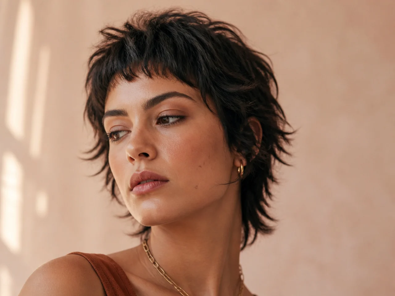 A short shag with a micro fringe cut high above the eyebrows