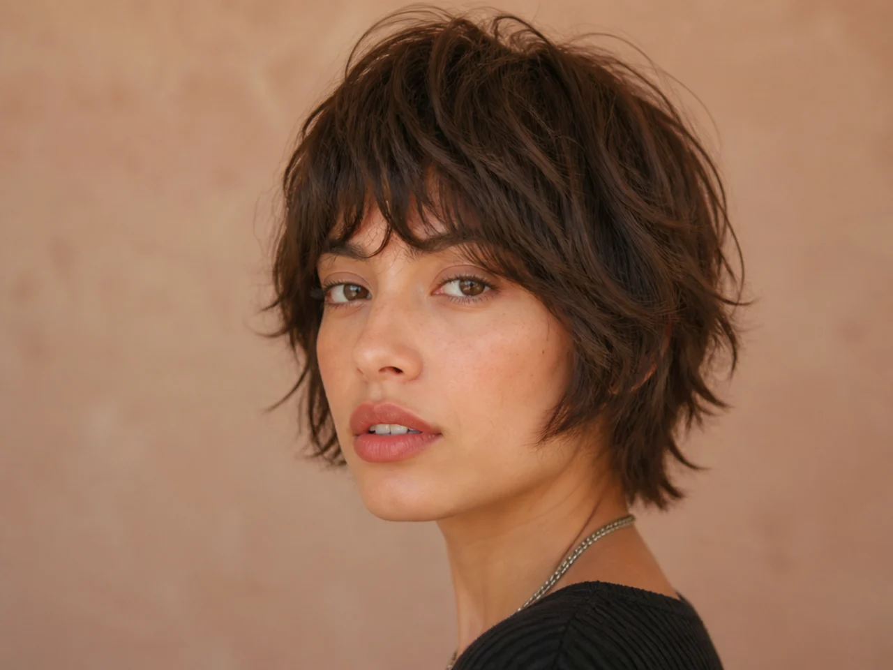 A short shag with a sharp blunt perimeter and textured interior layers