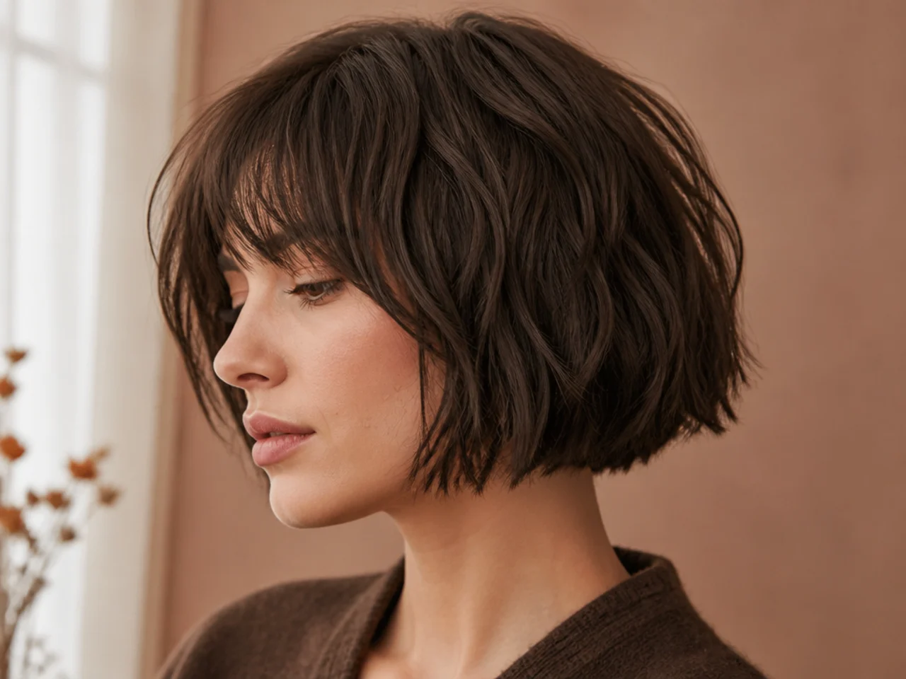 A blunt edged bob with heavily textured interior layers