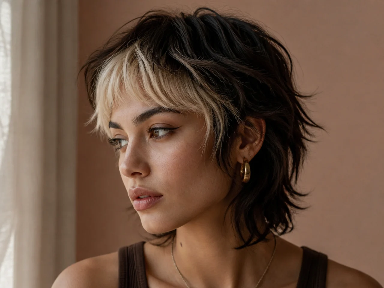 A short shag with a bleached blonde fringe against darker layers