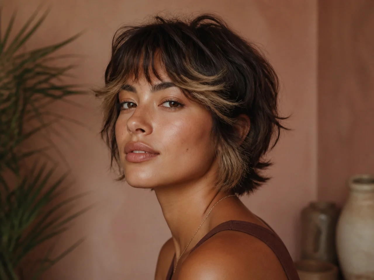 A short shag with lightened pieces on the front layers around the face