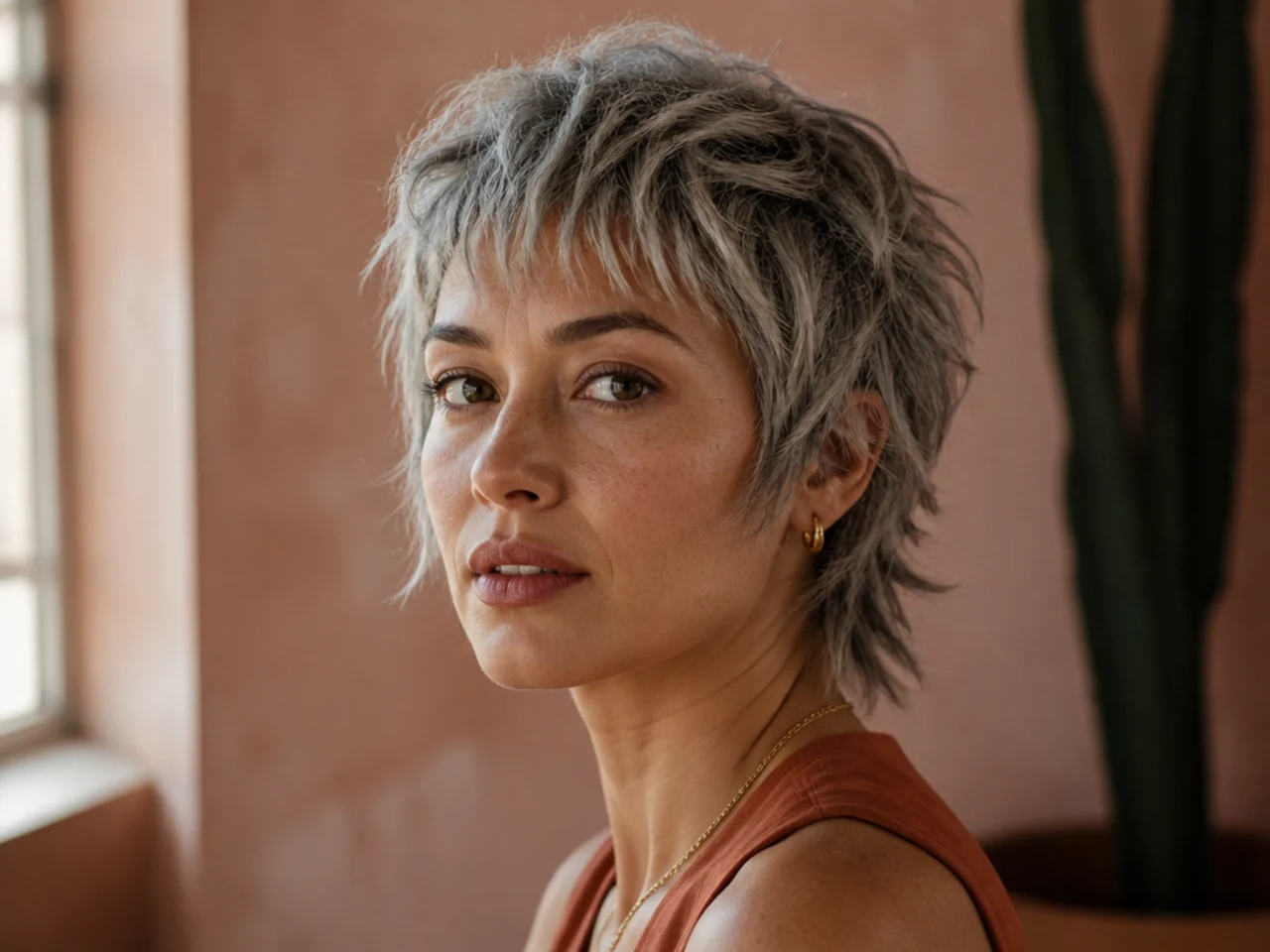 A short silver grey shag with coarse textured layers