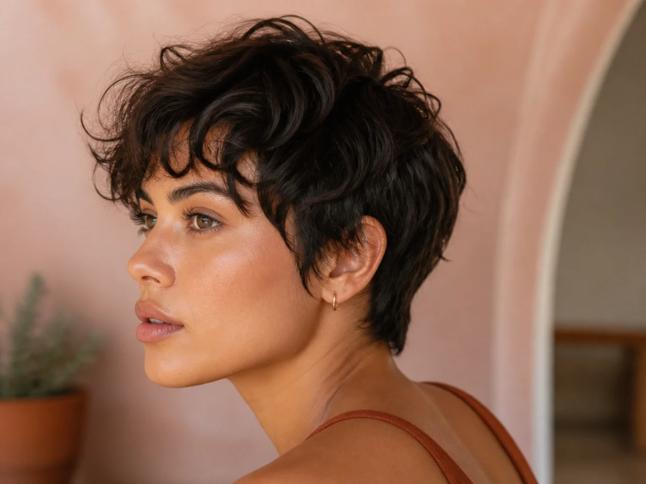 A pixie length shag with a longer textured crown falling onto short sides