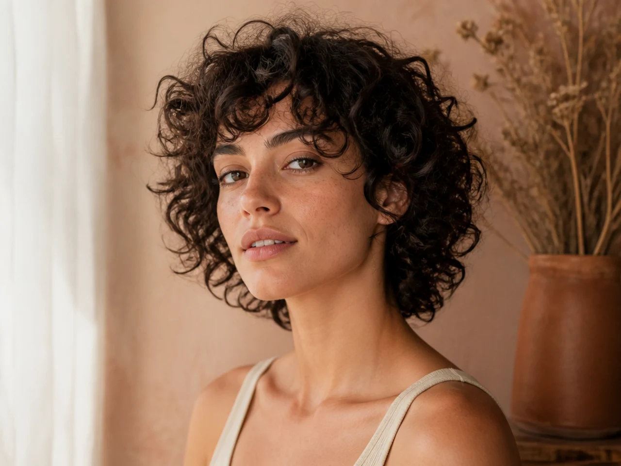 A short curly shag with defined curls cut dry around the face
