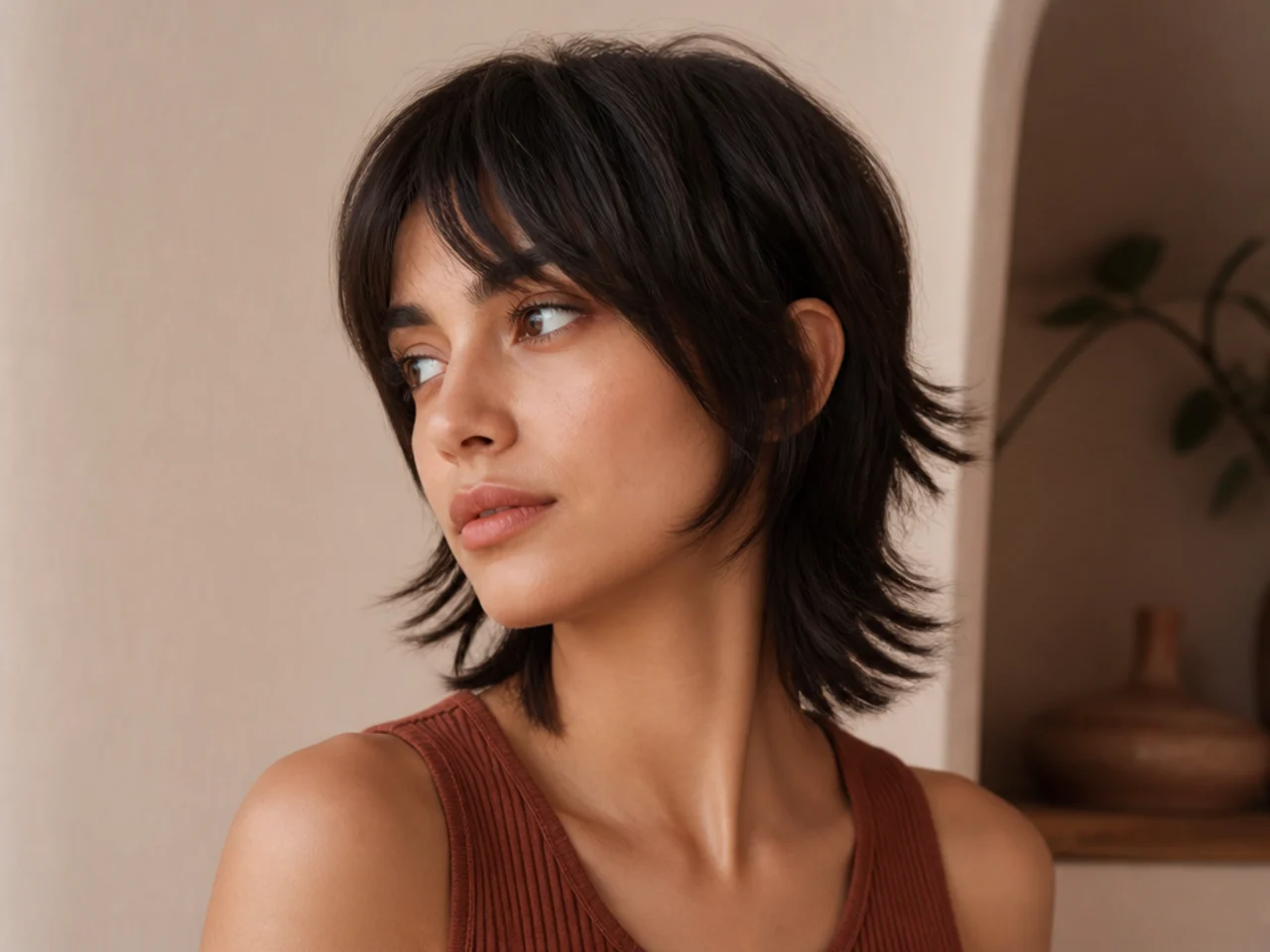 A short straight shag with visible even layering and point cut ends