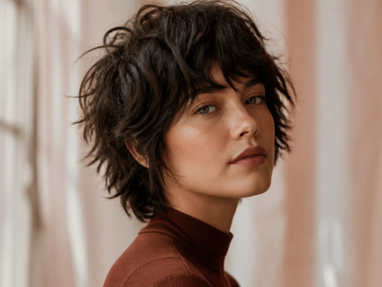 Three quarter view of a finished short shag haircut