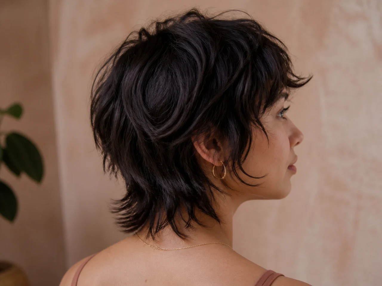 A short shag kicking outward at the nape where a cowlick was cut across