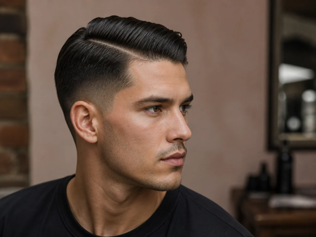 Short slick-back haircut combed back and to one side along a defined parting with tapered sides
