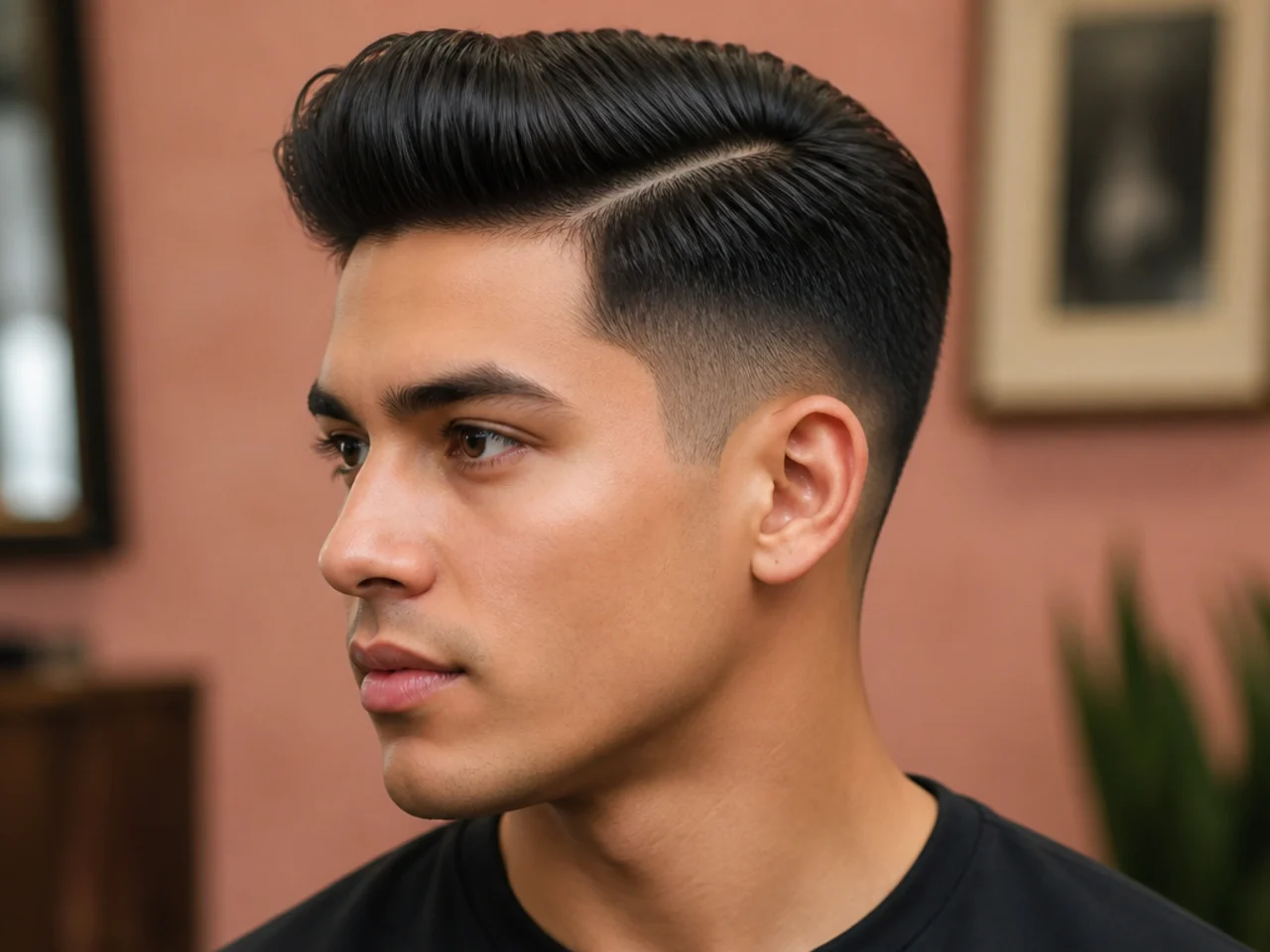 Short pompadour haircut with front volume swept to one side along a defined parting