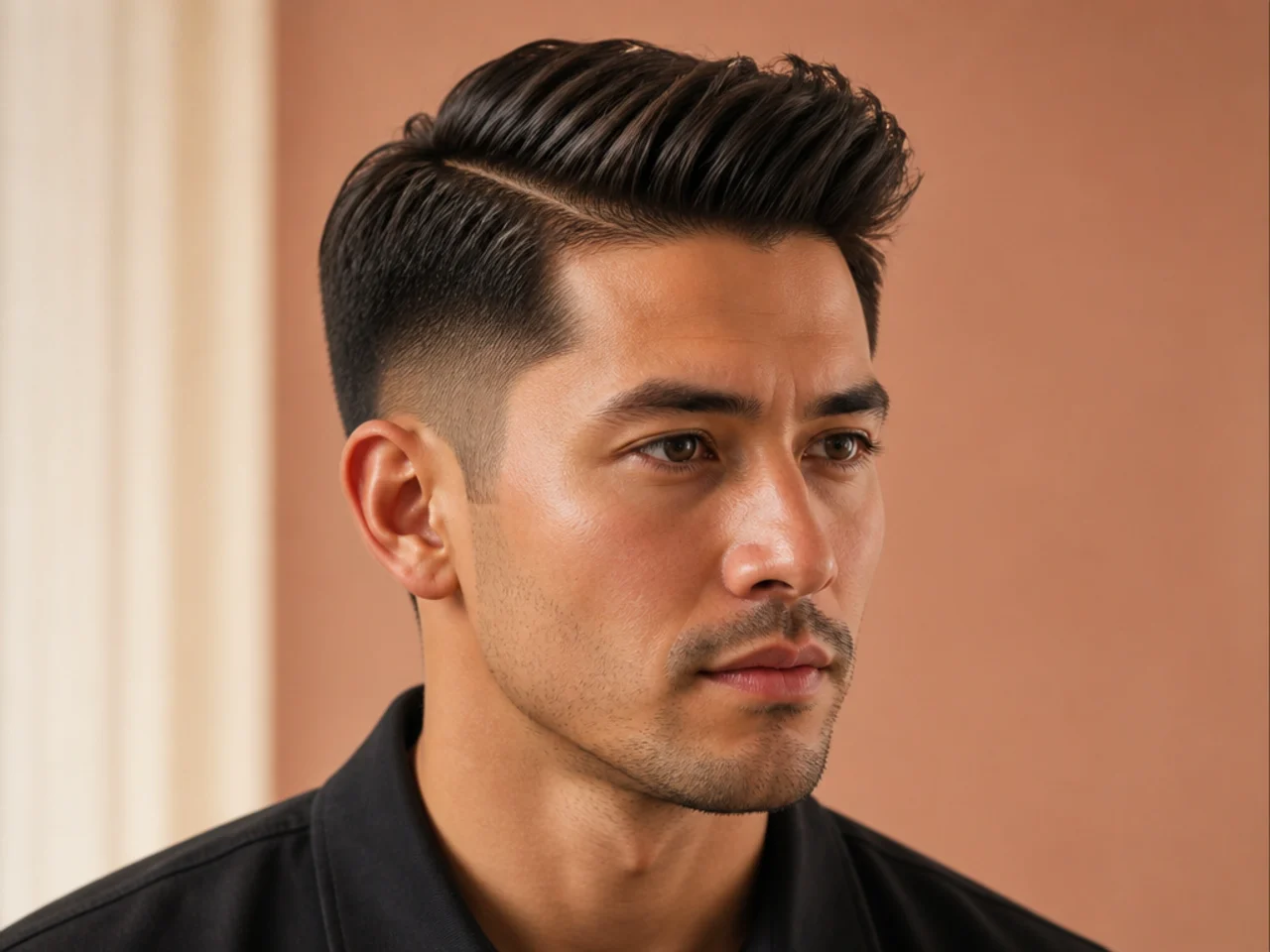 Short quiff haircut with lifted front and defined side parting on tapered sides