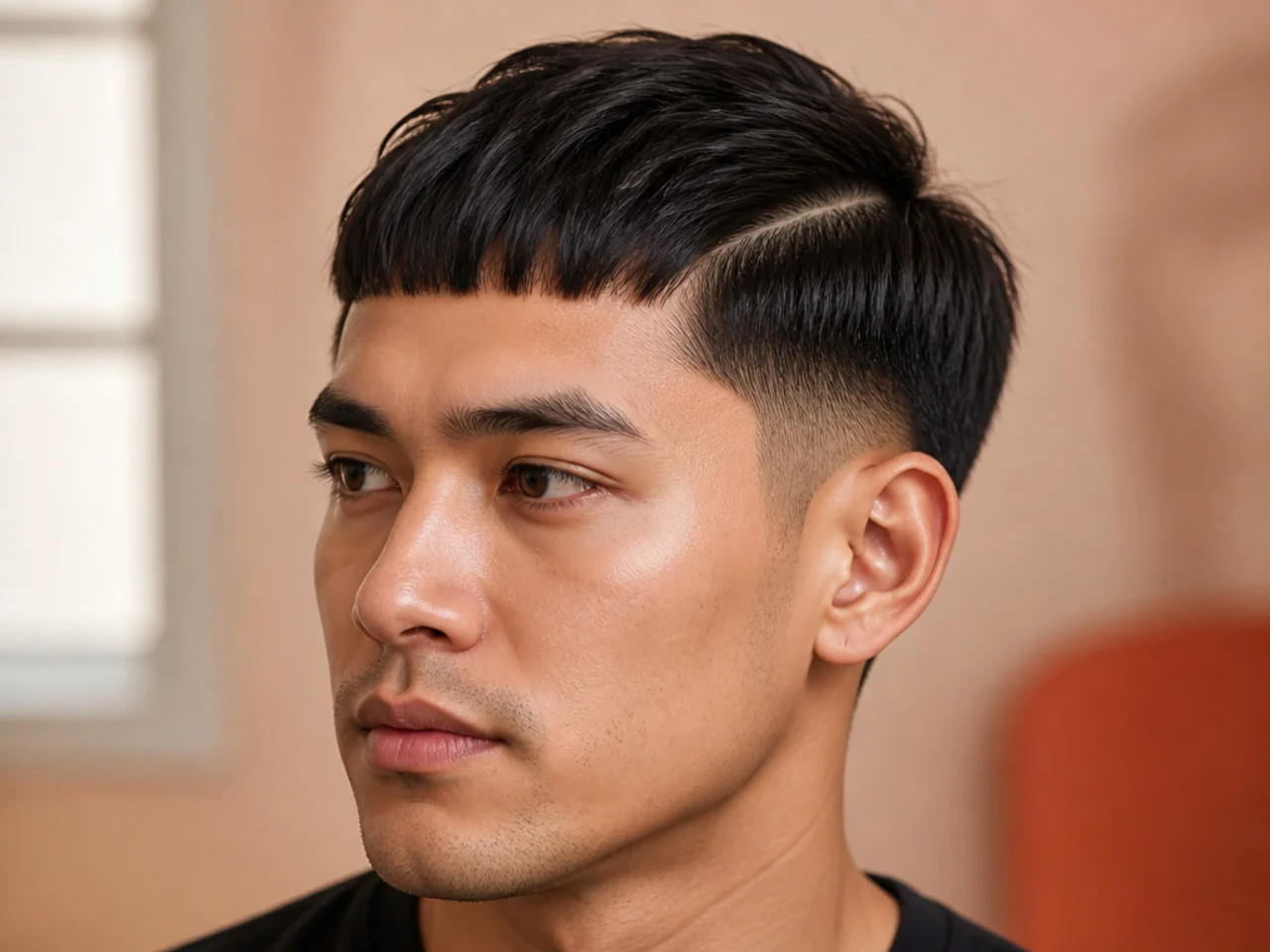 Short fringe haircut with a blunt fringe swept to one side along a defined parting