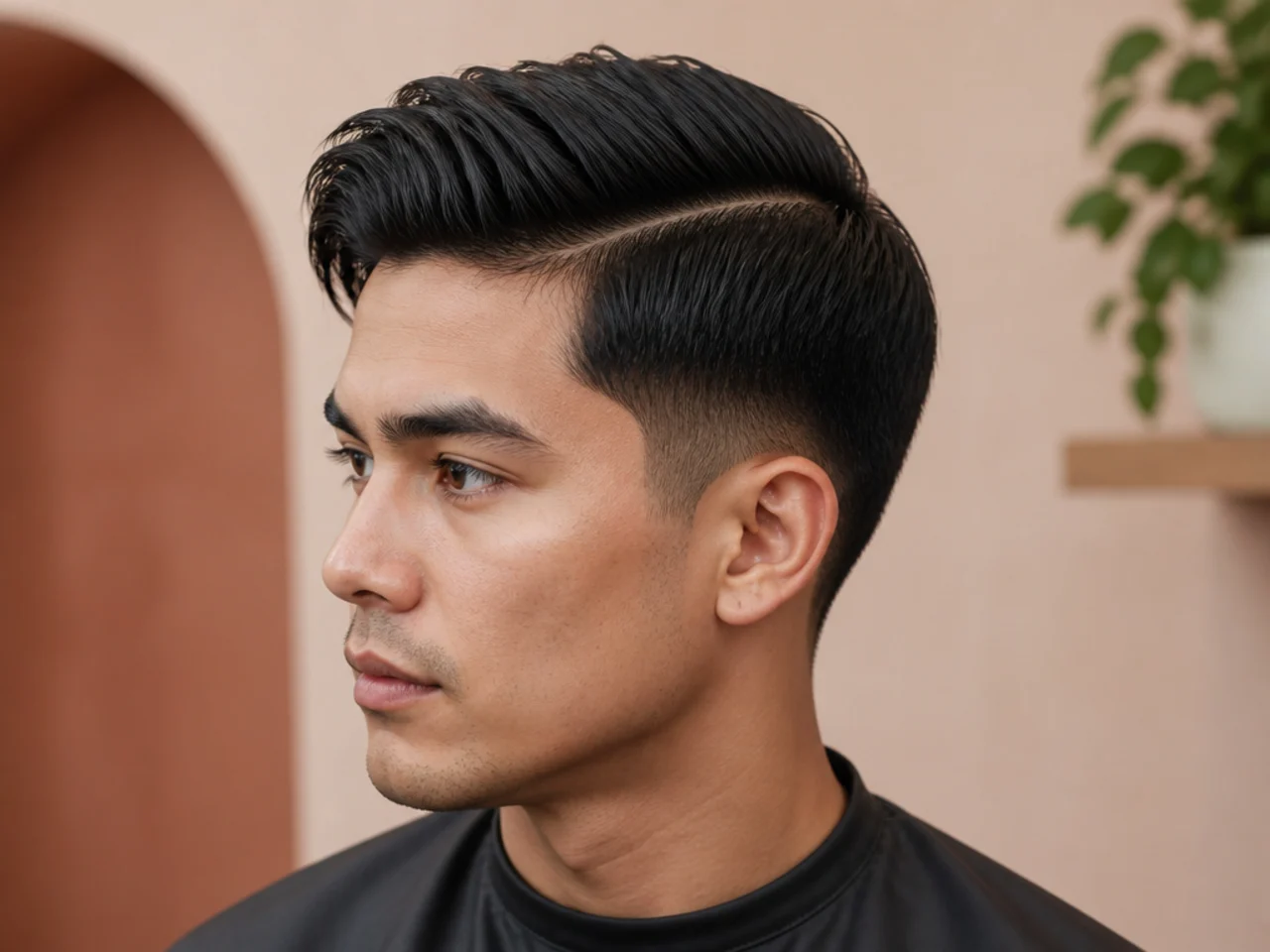 Scissor-tapered haircut with two inches on top and defined side parting on a young man