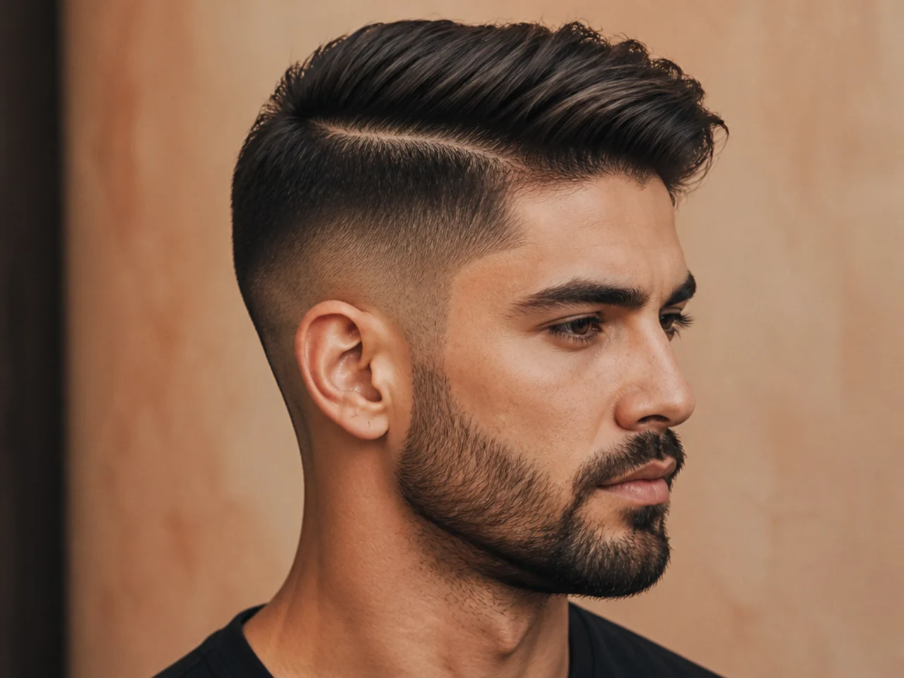 Undercut haircut with one flat clipper guard around the sides and back and a two-inch top parted on one side