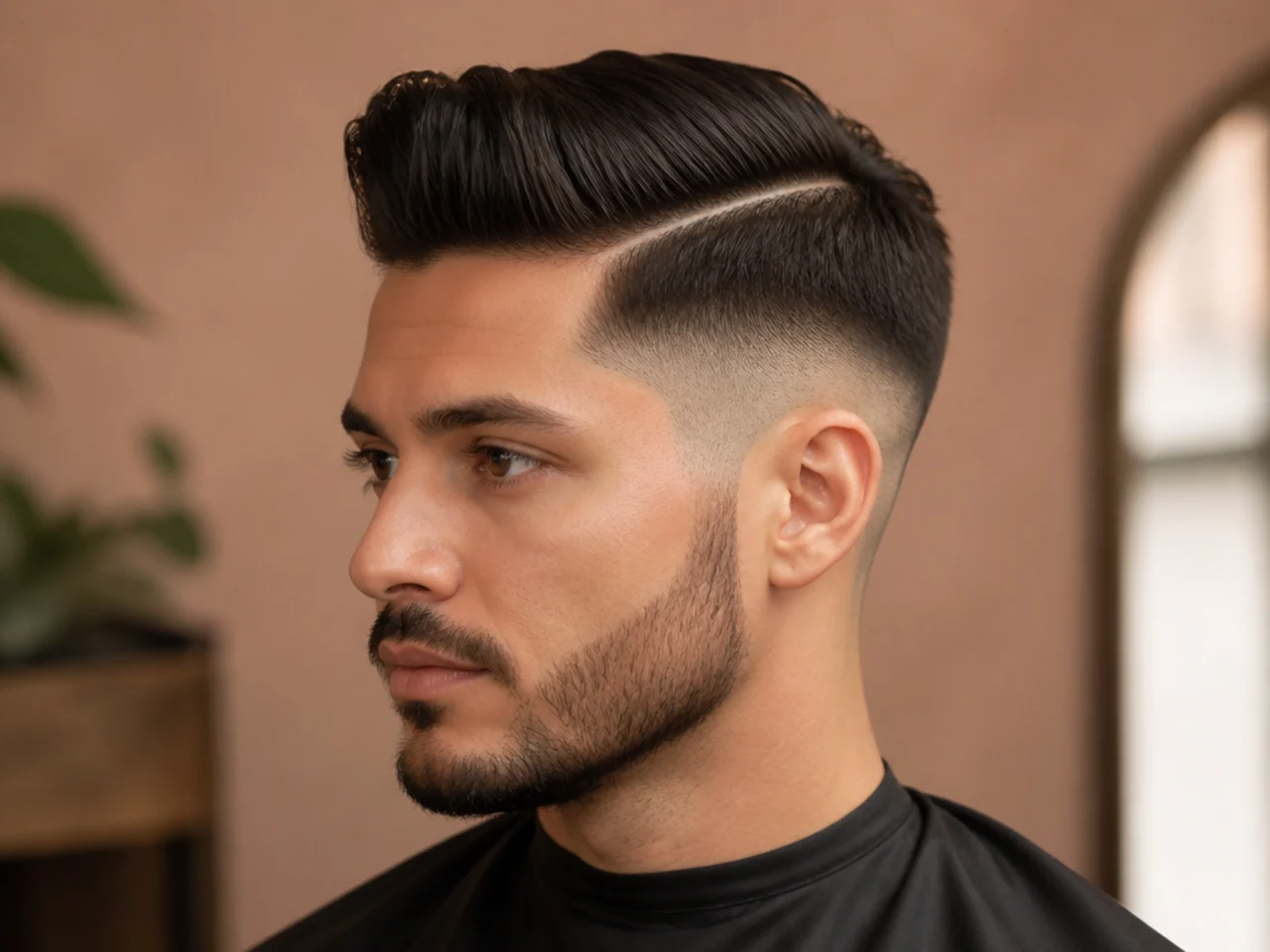 Disconnected undercut with a hard visual ledge between the top and sides and a defined side parting