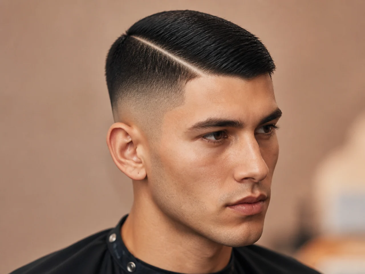 Crew cut with a razor-drawn hard part along the side parting on a young man