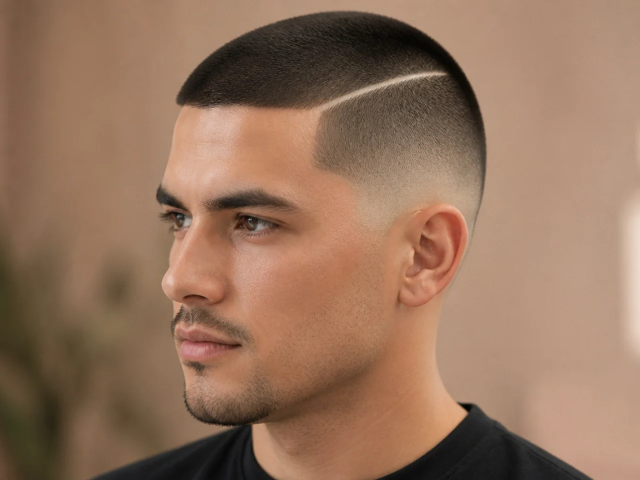 Buzz cut with a razor-drawn hard part separating a No. 3 top from No. 1 sides on a young man