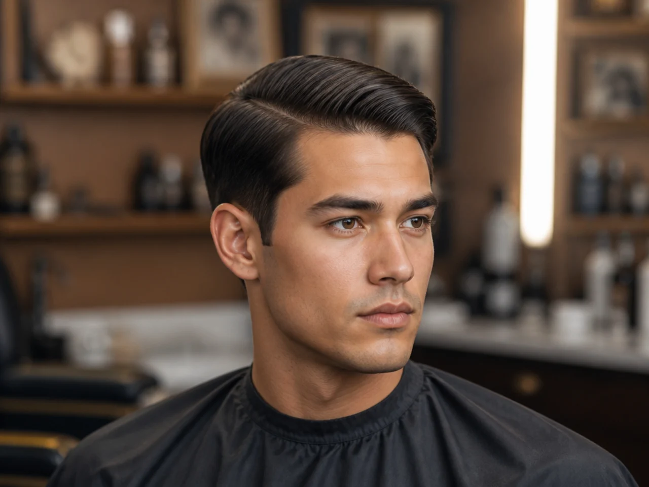 Ivy League cut with two inches on top, defined side parting, and scissor-blended sides