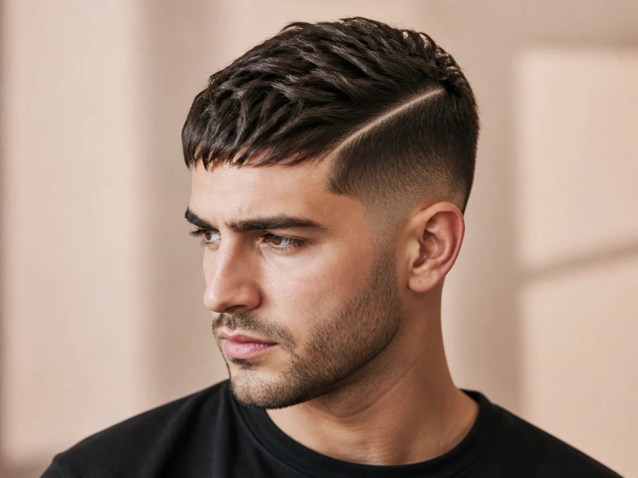 Textured crop with a razor-drawn hard part and short faded sides on a young man