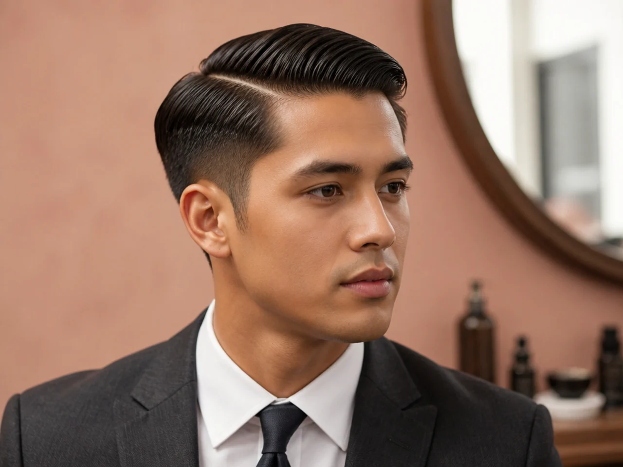 Businessman haircut with clipper-tapered sides, two inches on top, and a defined side parting