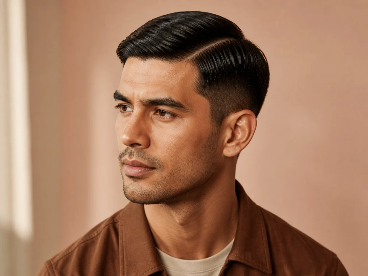 Caesar cut with a blunt fringe swept to one side along a defined side parting instead of straight forward