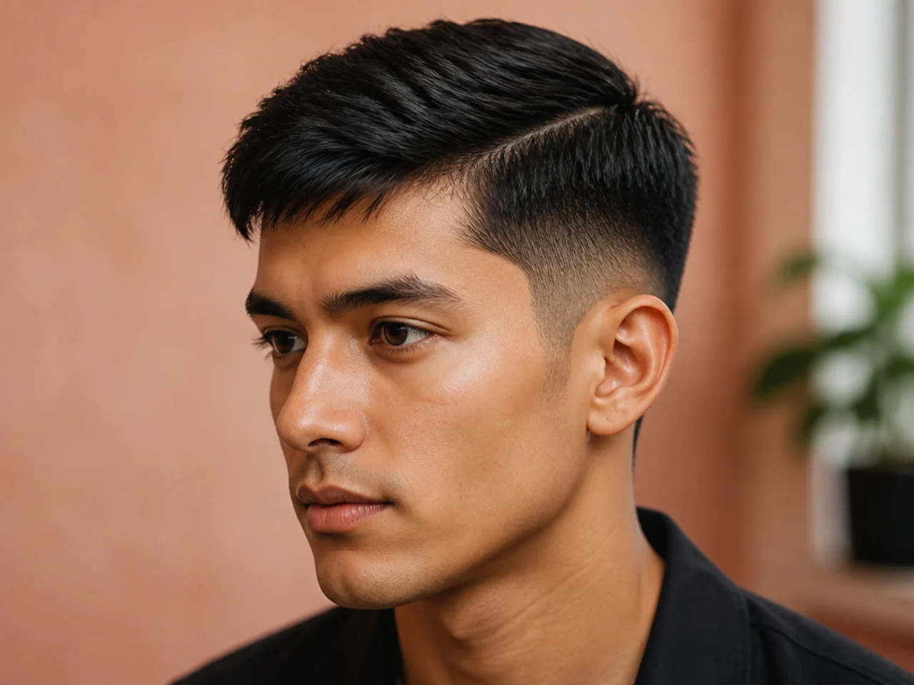 French crop with textured top swept to one side along a defined parting instead of forward
