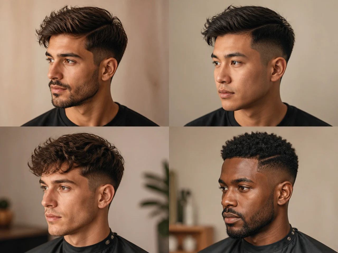 Textured crop haircut with heavy point-cut top swept to one side and short tapered sides