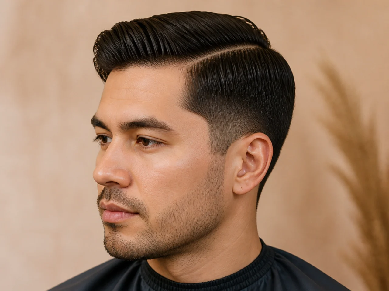 Military regulation cut with a hard side part, half-inch top, and squared neckline
