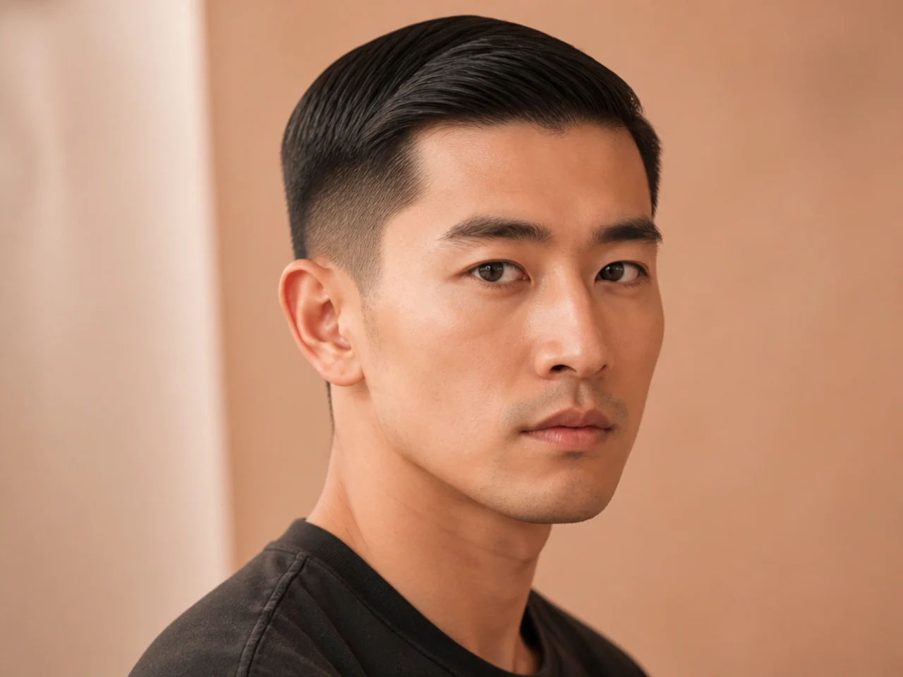 Butch brush cut with a hard side parting drawn into a uniform half-inch top