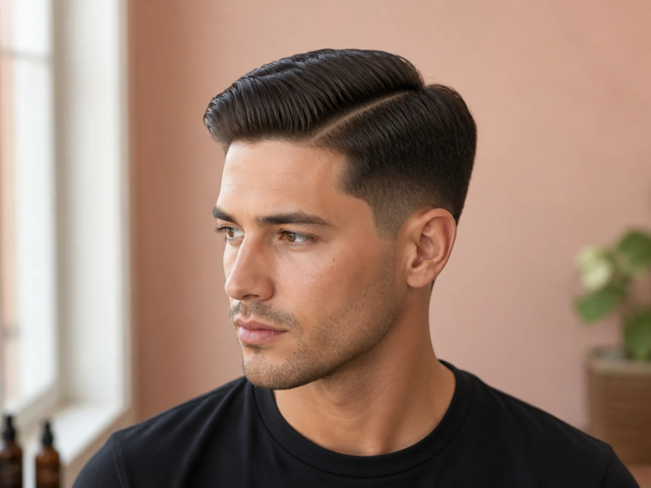 Short comb-over haircut with a deep side parting and top combed across from a defined line