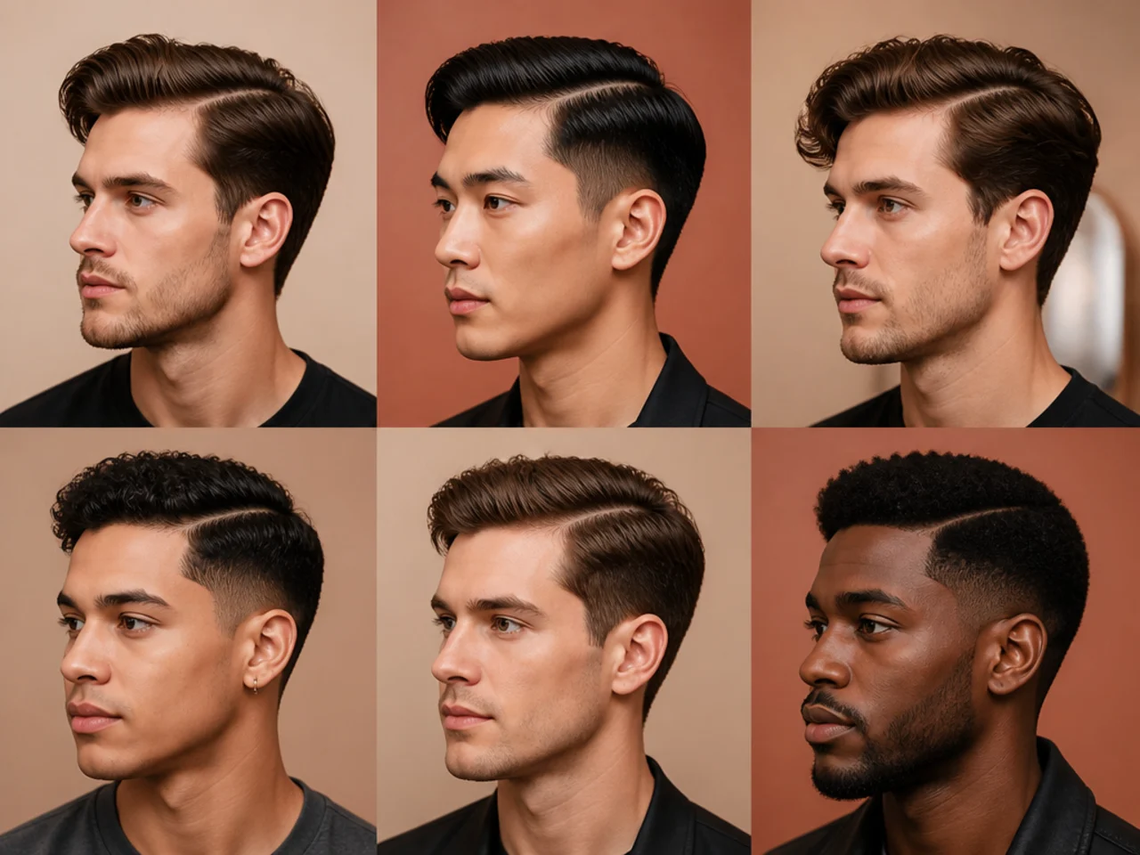 Reference lineup showing four named short cuts with side partings on different face shapes