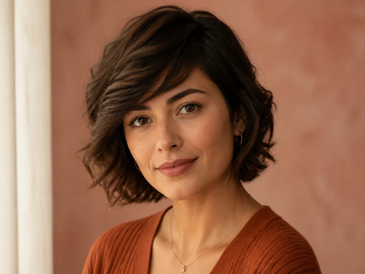 Short side swept bangs on wavy hair