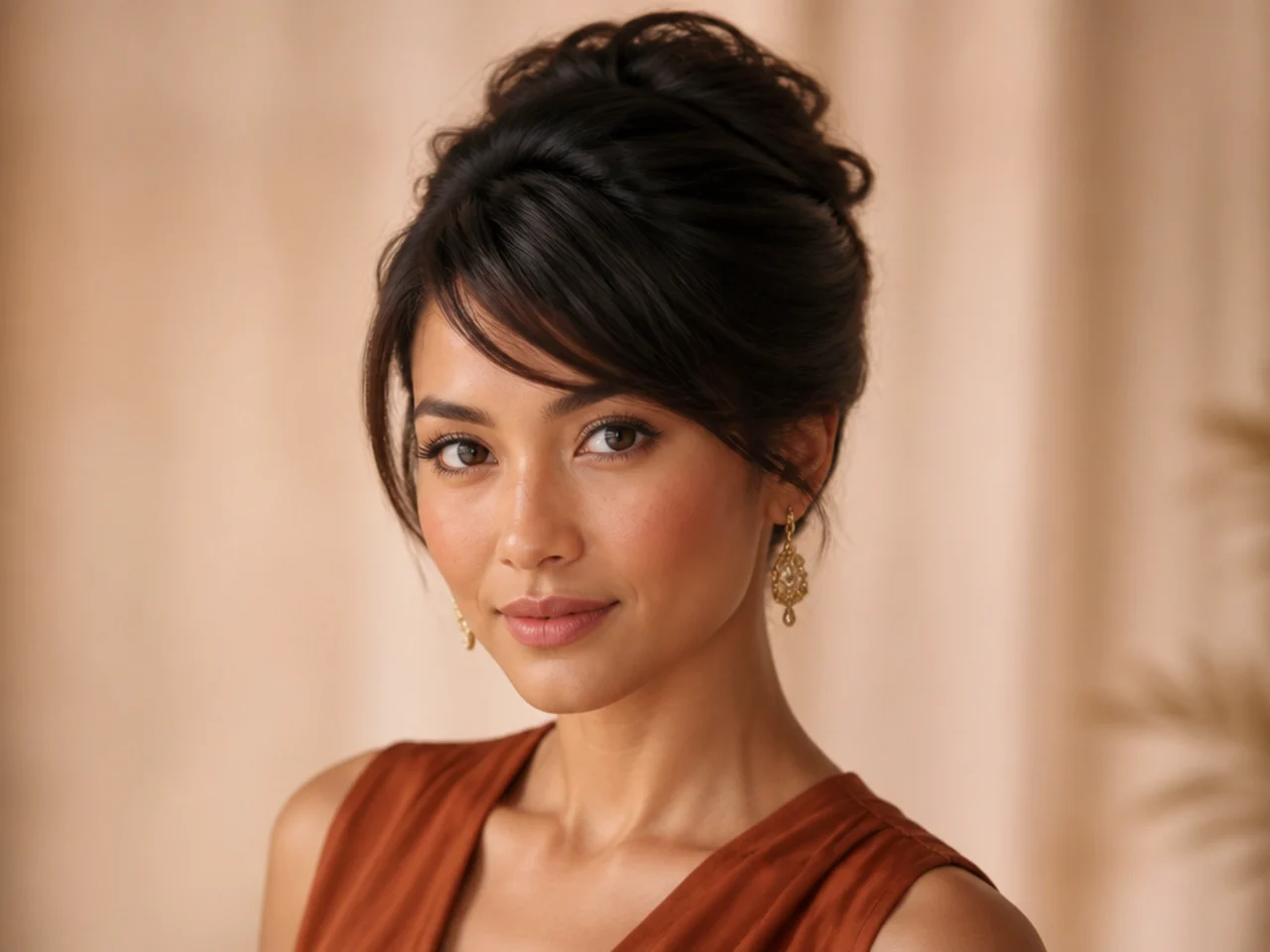 Short side swept bangs worn with an updo