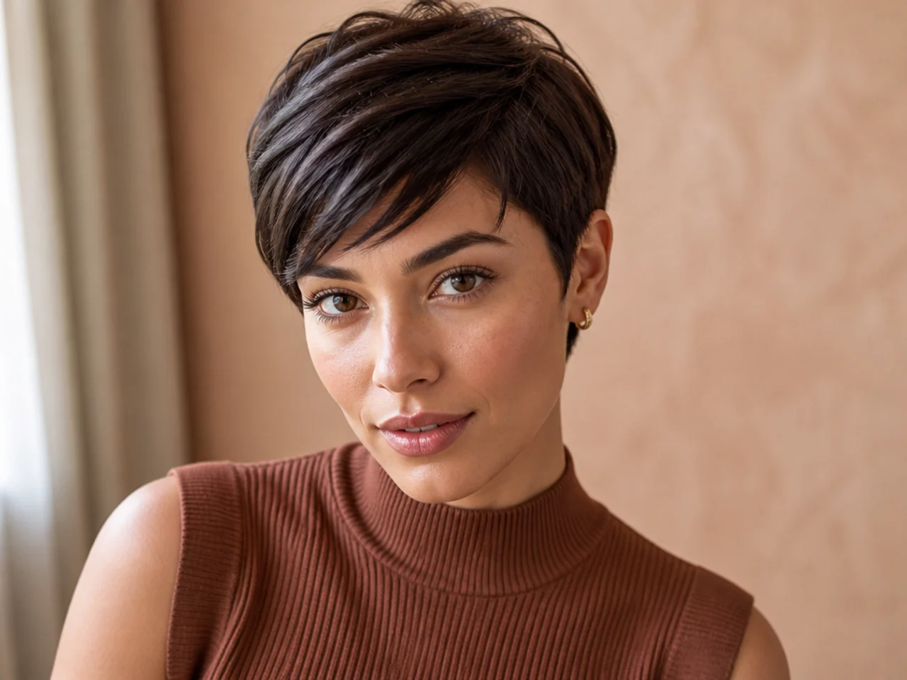 Short side swept bangs with a pixie cut