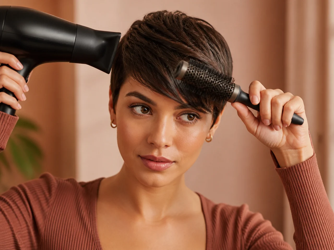 A short fringe being dried sideways with a brush