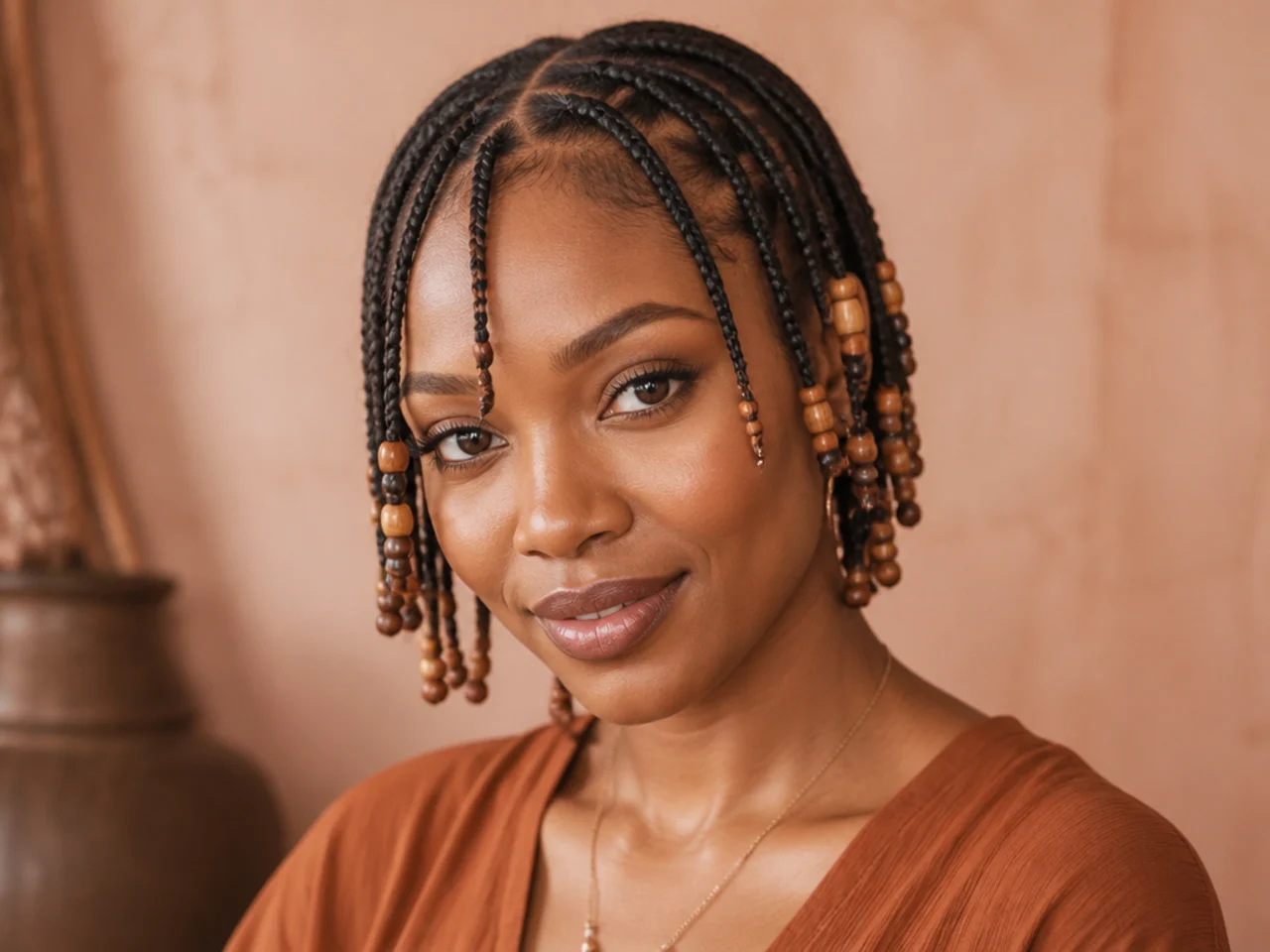 Short Fulani braids finished with wooden beads