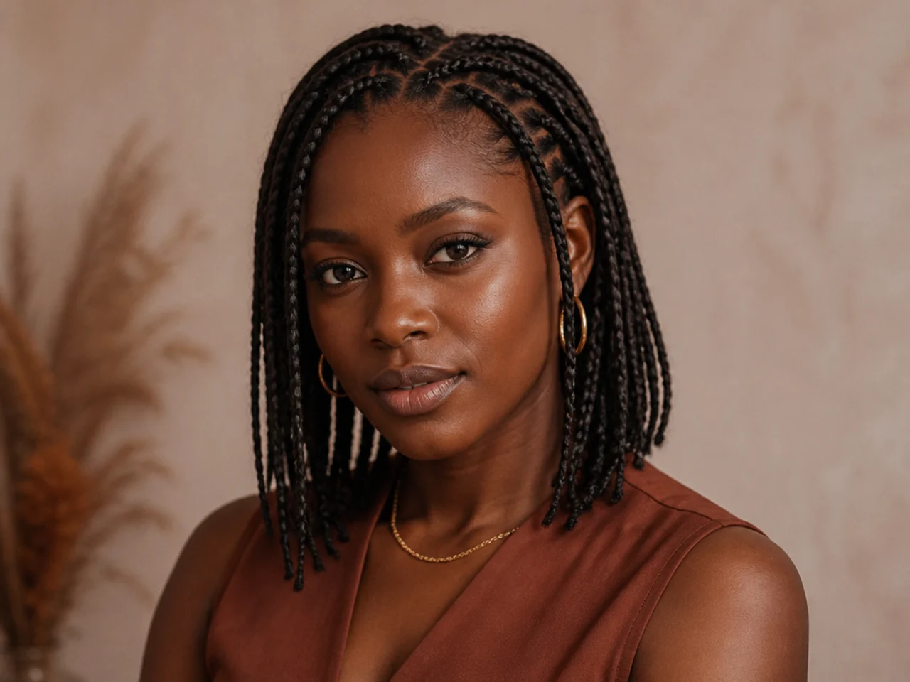 Short small pencil-width Fulani braids at collarbone length