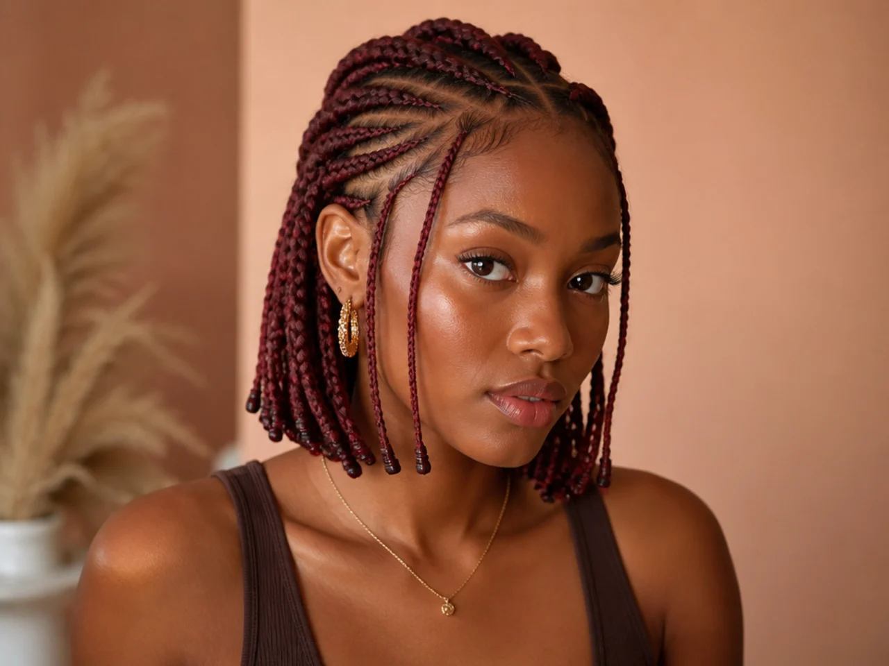 Short Fulani braids in a deep burgundy shade