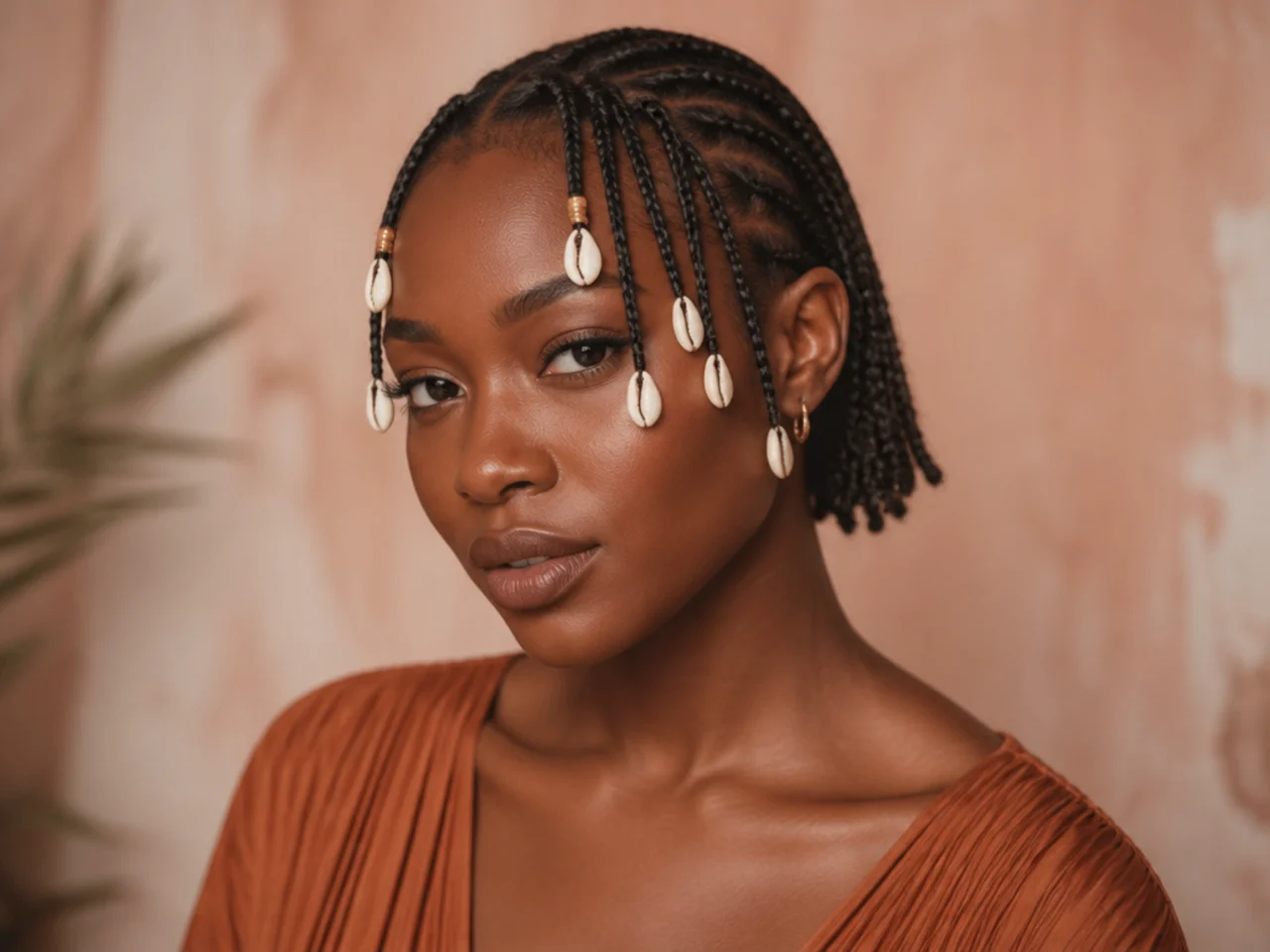 Short Fulani braids with cowrie shells on the face-framing braids