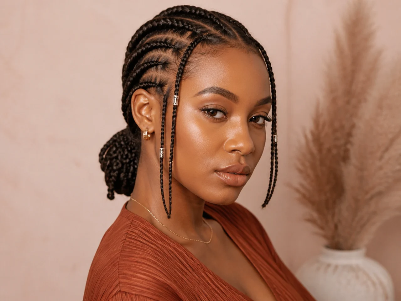 Short Fulani braids gathered into a low ponytail at the nape