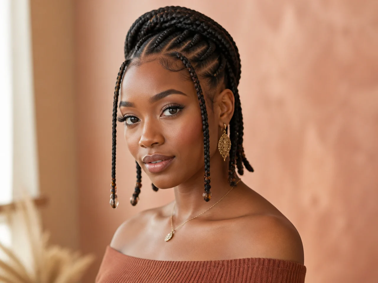 Short Fulani braids with front cornrows continued as a braided crown