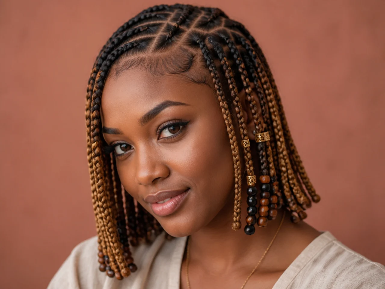 Short two-tone Fulani braids with black roots and caramel ends