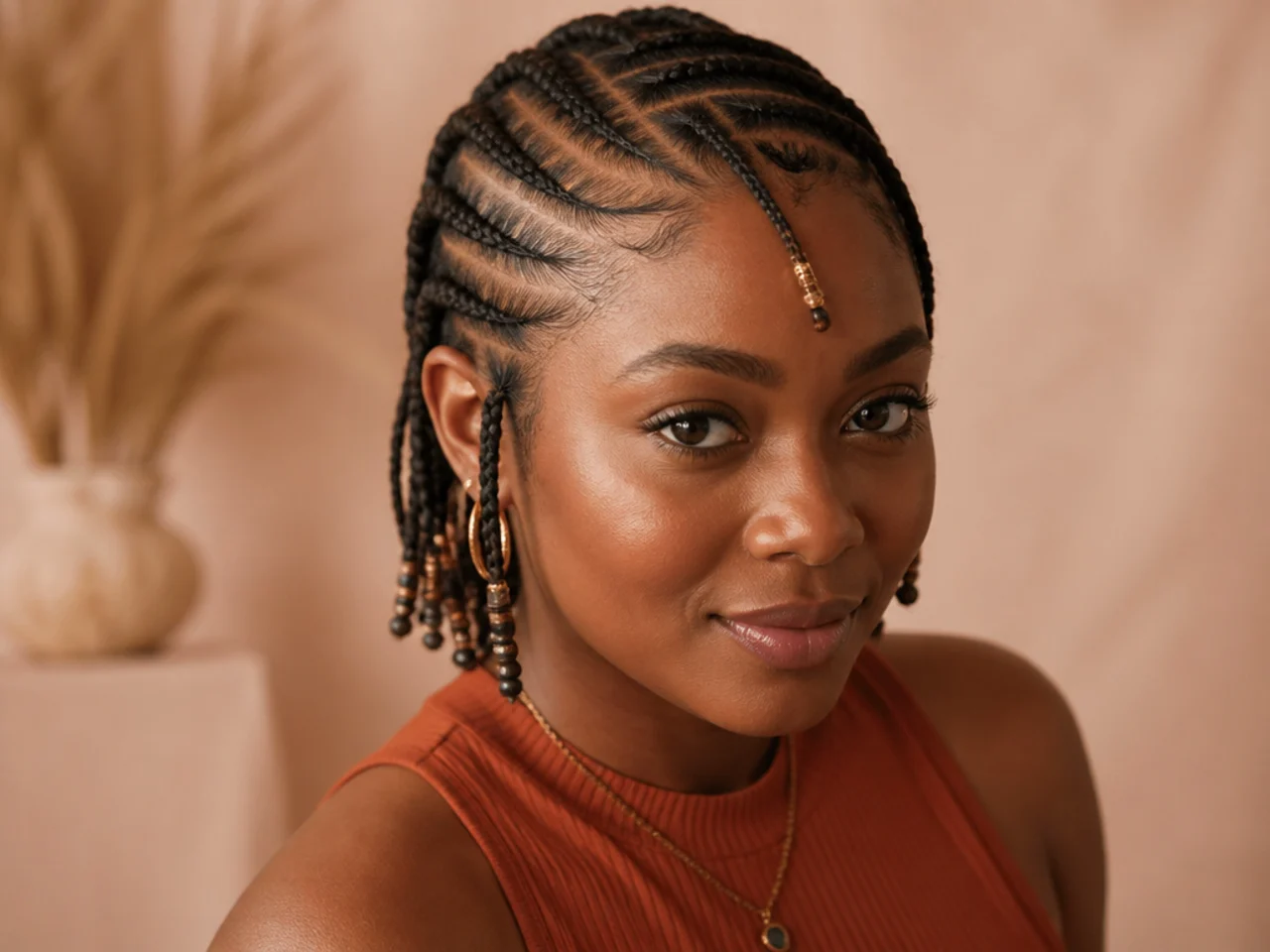 Short Fulani braids with front cornrows braided in a curve