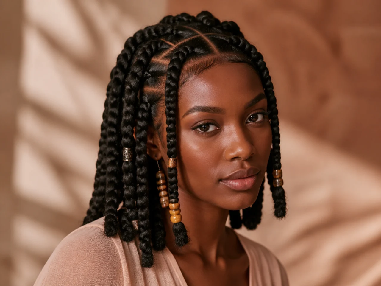 Short jumbo Fulani braids at shoulder length
