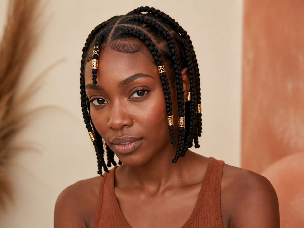 Short Fulani braids with gold cuffs on the front sections