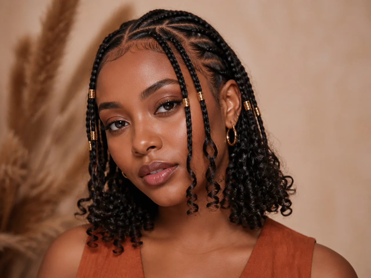 Short Fulani braids finished with loose curled ends