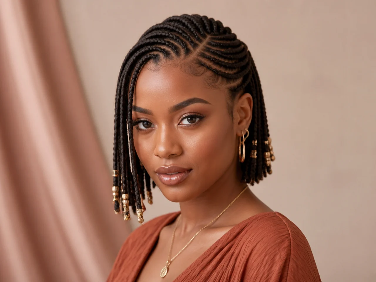 Short Fulani braids with a deep side parting