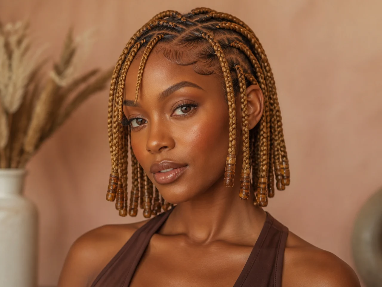 Short Fulani braids in a warm honey blonde