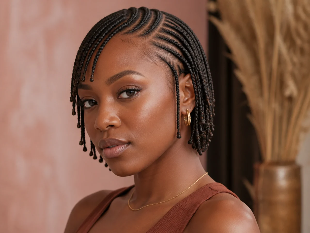 Three-quarter view of finished short Fulani braids