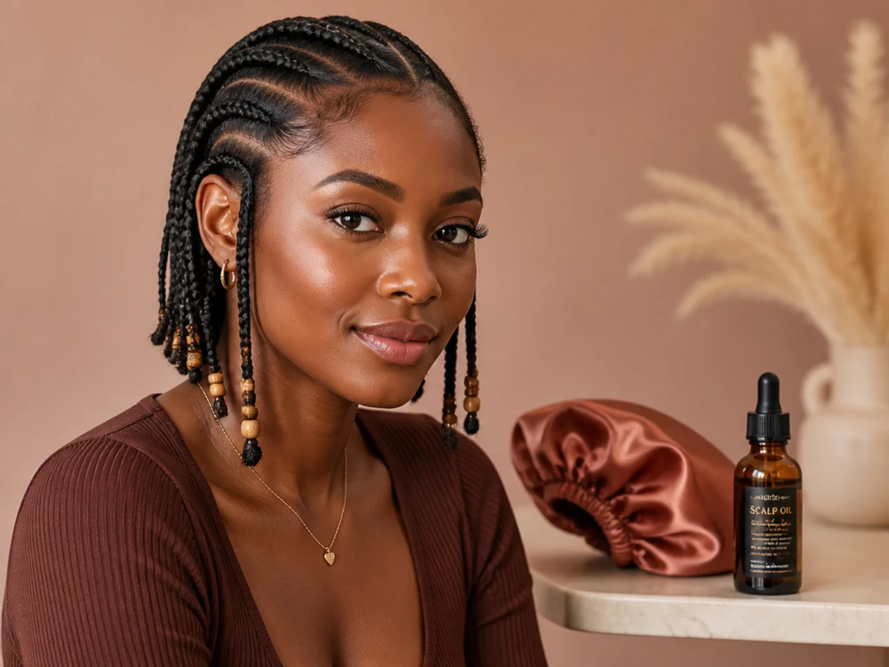 Satin bonnet and scalp oil arranged for short braid care