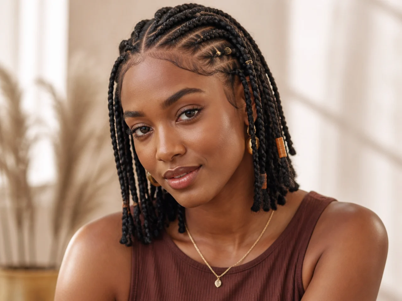 Short Fulani braids showing the cornrow transitioning into loose braids above the shoulder